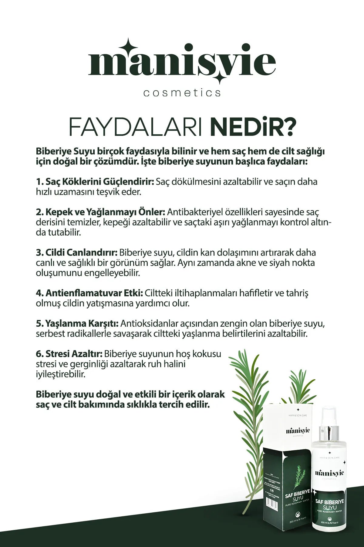 Saf Biberiye Suyu %100 Doğal Saç Güçlendirici ve Dökülme Önleyici Tonik